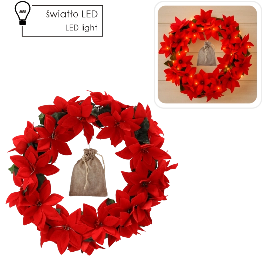 Karácsonyi koszorú karácsonyi csillaggal és LED-világítással, 40 cm