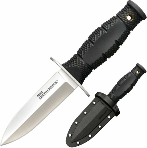 Cold Steel Mini Leatherneck Double Edge – kisméretű nyakkés 9 cm, fekete, Kraton, Secure-Ex tok