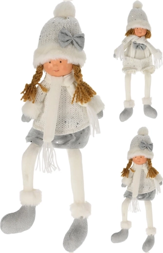 Téli dekoratív hosszúlábú baba 45 cm – fehér/ezüst