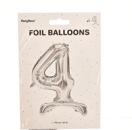 Álló fólia lufi 4-es szám, ezüst, 70 cm