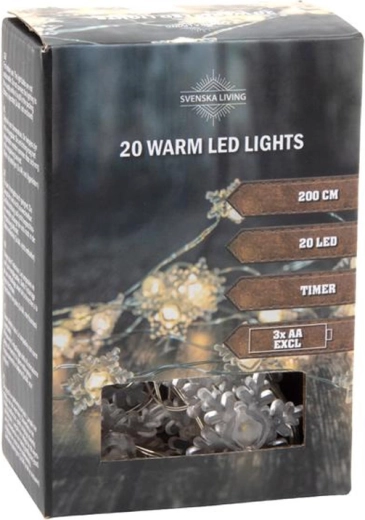 Időzítős fényfüzér, 20 LED hópehely, 200 cm