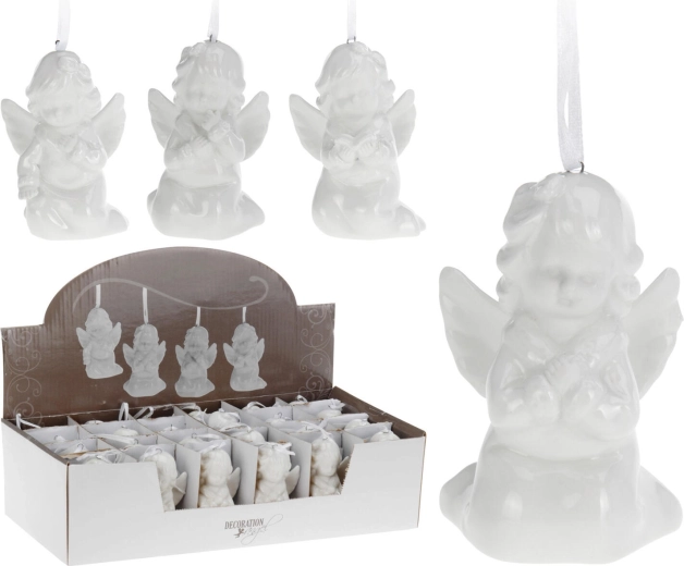 Függeszthető porcelán angyal dekoráció 9 cm, fehér
