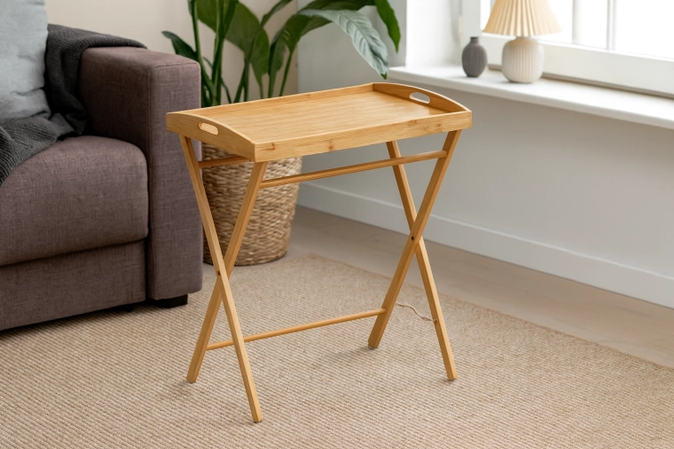 Összecsukható bambusz szervírozóasztal levehető tálcával 49 × 35 × 59 cm