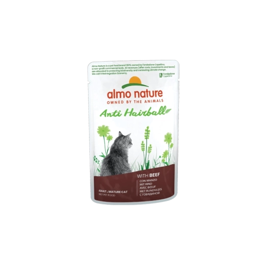 Almo Nature Anti‑Hairball tasak macskáknak marhahússal, 70 g