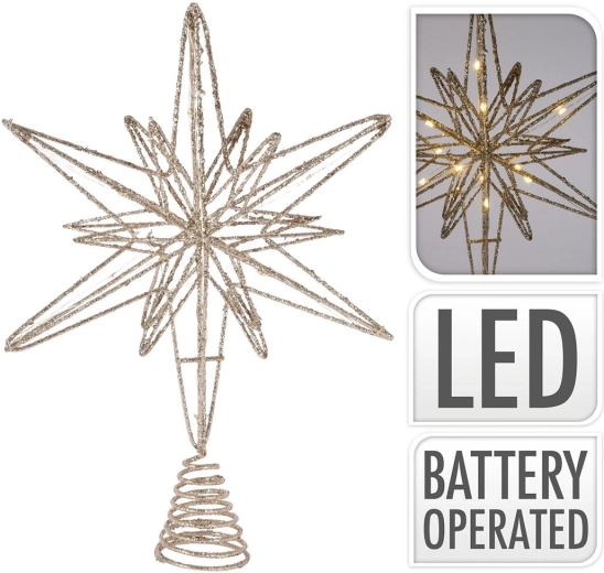 Csillag alakú karácsonyfa-csúcsdísz 20 LED-del, 33 cm, pezsgő/arany