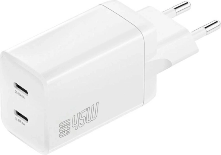 Hálózati töltő 4smarts PDPlug Dual 45W GaN, 2× USB‑C, fehér
