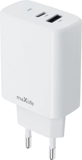 MAXLIFE 30 W hálózati töltő USB‑C PD és USB‑A QC csatlakozóval, fehér
