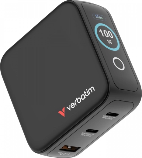 Verbatim mini GaN töltő 100 W okos TFT kijelzővel, 2× USB-C + USB-A, EU/UK/USA adapterek