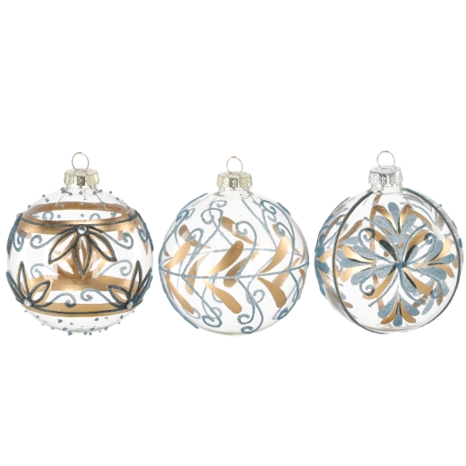 Kék–arany üveg karácsonyi gömb 8 cm, 12 darabos készlet