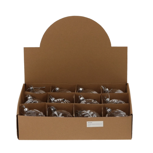 Üveg karácsonyi gömb 8 cm, átlátszó, vegyes minták (12 db/csomag)