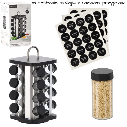 Forgó, négyzetes fűszertartó állvány fogantyúval, 16 üveggel, fekete‑ezüst, 16,5 × 16,5 × 33,5 cm