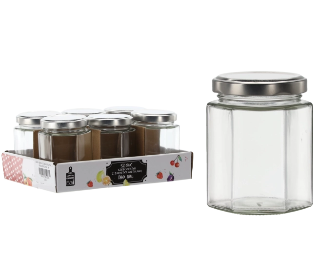 Hatszögletű üveg 180 ml fém tetővel