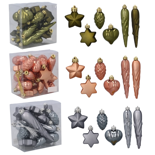 20 darabos műanyag karácsonyi dísz készlet – olívazöld, réz és grafit, 4 cm