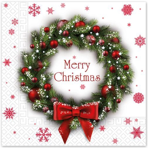 Karácsonyi papírszalvéták 33 × 33 cm, 3 rétegű, koszorú mintával, 20 db