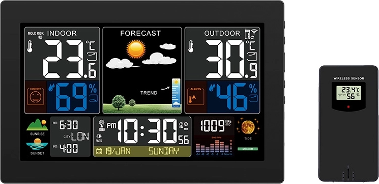 Solight meteorológiai állomás XL színes LCD kijelzővel, hőmérséklet, páratartalom, nyomás, RCC, fekete
