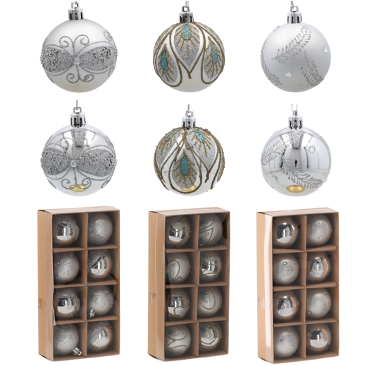 6 cm-es ezüst karácsonyi gömbök szettje – törhetetlen fa­díszek, 8 db