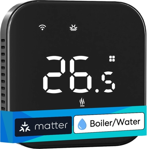 Okos Wi‑Fi termosztát Meross vízfűtéshez Matter támogatással, fekete