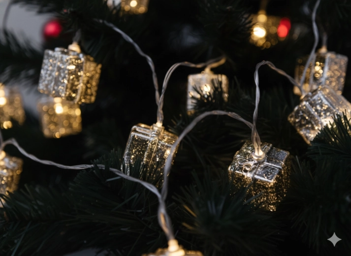 LED fényfüzér ezüst ajándékokkal, meleg fehér, 10 LED