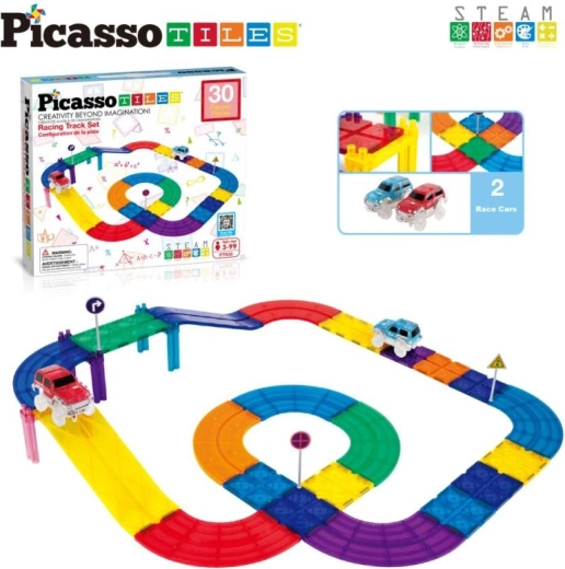 PicassoTiles mágneses építőkészlet autóversenypálya kisautókkal (30 db)
