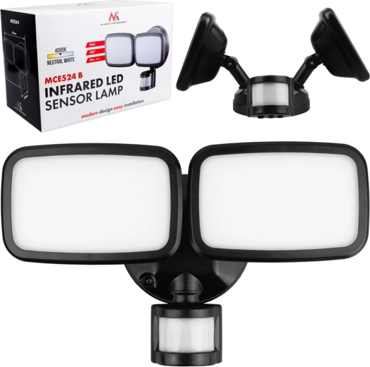 Fali LED lámpa PIR érzékelővel, 20 W, 1500 lm, IP65, semleges fehér 4000 K, fekete