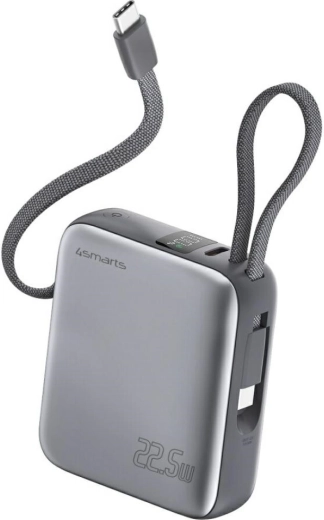 4smarts Pocket Dual Cord powerbank 10000 mAh 22,5 W beépített USB‑C kábellel, szürke