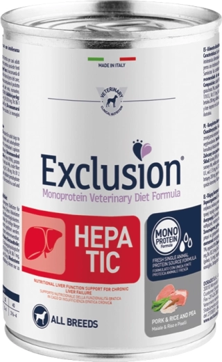 Exclusion Hepatic konzerv kutyáknak sertéshússal, rizzsel és borsóval 400 g
