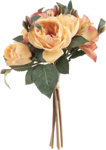 Dekoratív művirág rózsa/liliom csokorban, sárga, 26 cm