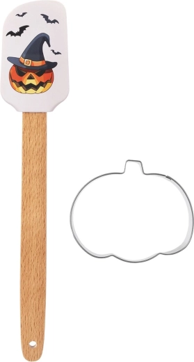 Halloween szilikon konyhai spatula fa nyéllel és tök kiszúróval