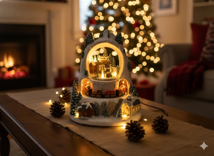 Karácsonyi LED téli falu vonattal, zenélő doboz 23 × 23 × 25,5 cm