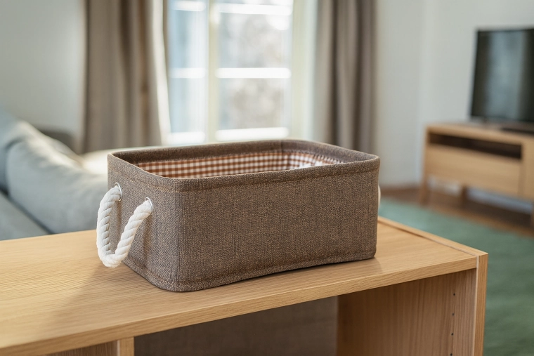 Textil tároló kosár kötél fogantyúkkal 26 × 36 × 16 cm, barna