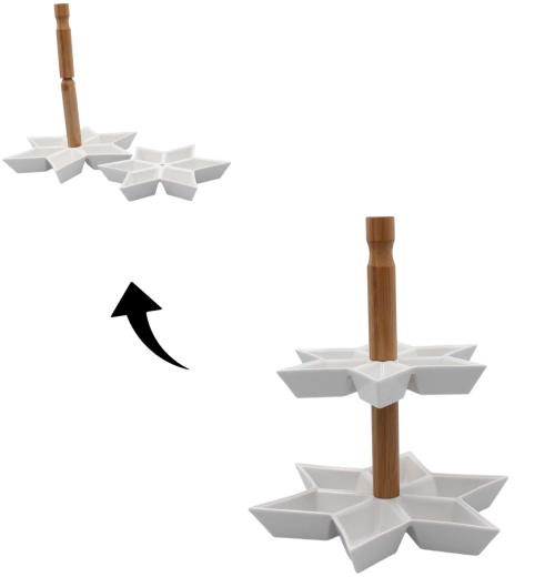 Kétszintes, csillag alakú kerámia etagér bambusz fogantyúval