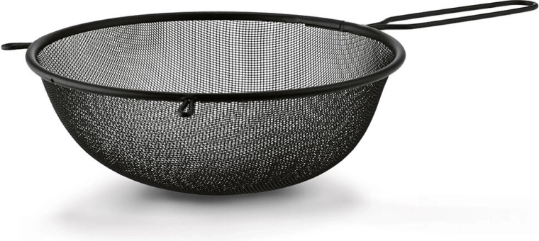 Fekete fém szűrő nyéllel, 23 cm