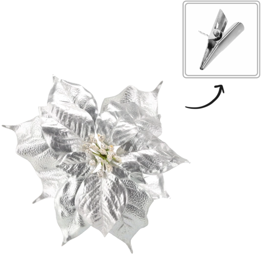 Mű karácsonyi mikulásvirág 25 cm ezüst, csipesszel