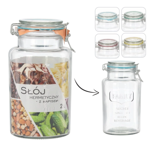 Hermetikus üveg tárolóedény 2 l FAMILY felirattal