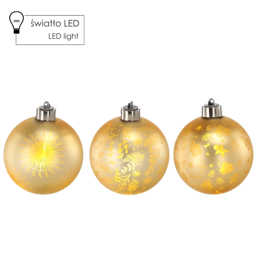Arany üveg karácsonyi gömb LED világítással, 10 cm
