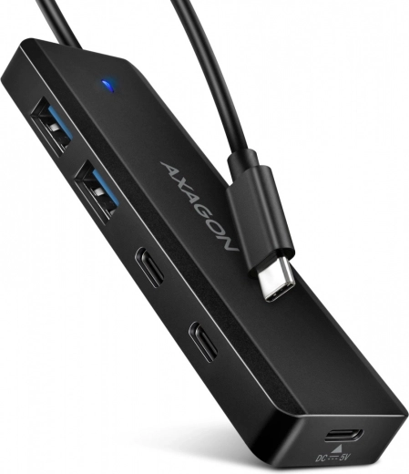 AXAGON utazó USB‑C hub 4 porttal, 5 Gbps (2× USB‑A, 2× USB‑C), USB‑C tápbemenettel és 19 cm-es kábellel