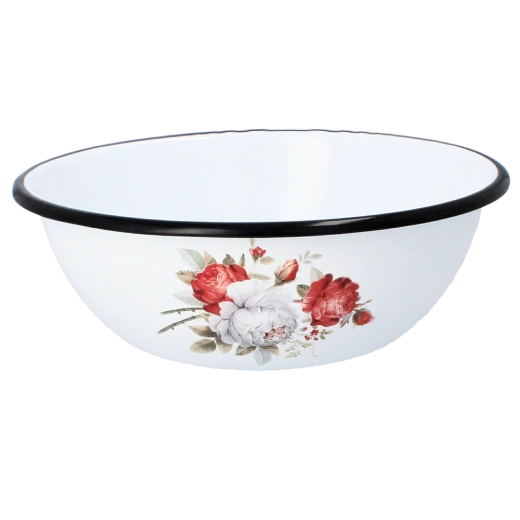 Zománcozott tál 1,5 l, 20 cm átmérő, fehér rózsa motívum