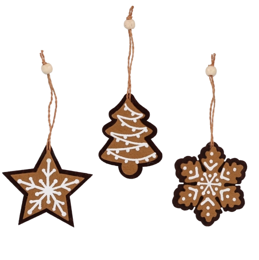 Karácsonyi filc díszek mézeskalács formában 6 × 7,5 cm, 12 darabos készlet