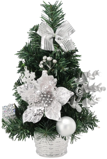Ezüst karácsonyfa 30 cm cserépben, díszekkel