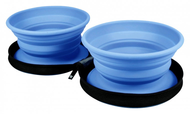 KIWI WALKER utazó dupla tál kutyáknak és macskáknak – kék, 2 db
