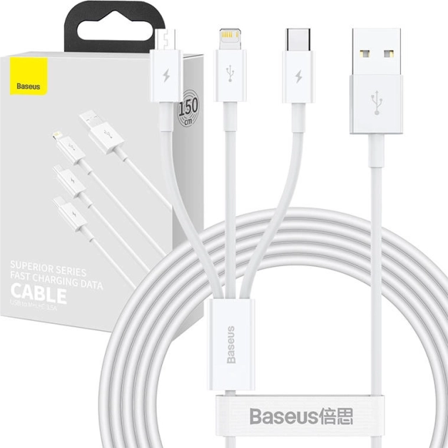 Baseus Superior 3 az 1-ben töltő- és adatkábel, USB–Micro USB / USB‑C / Lightning, 3,5 A, 1,5 m, fehér