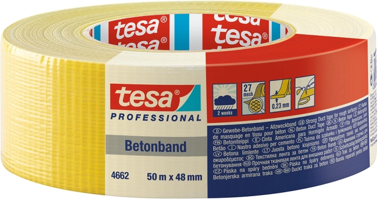 TESA Betonband textilszalag 48 mm × 50 m sárga, extra erős tapadású, 2 hétig UV‑álló