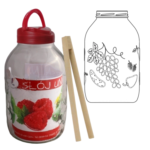 5 l-es üveg műanyag fedéllel és gyümölcsfogó csipesszel