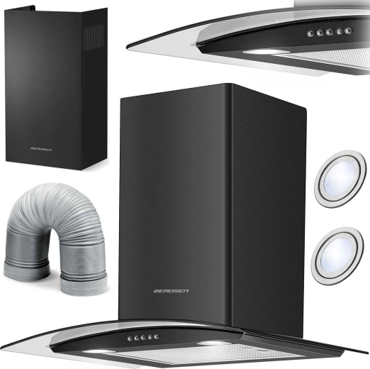 60 cm-es kéményes páraelszívó BERDSEN BT-201, fekete üveg és rozsdamentes acél