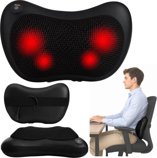 Shiatsu masszázspárna nyakra és hátra, fűtéssel, fekete