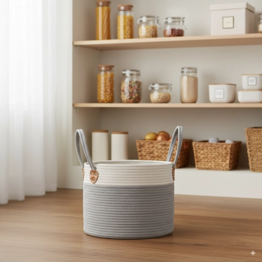 Kerek szennyestartó és játéktároló 30 × 24 cm – szürke textil rendszerező fogantyúkkal