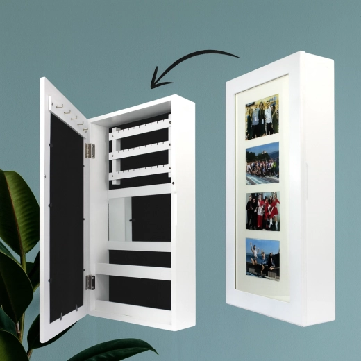 Fali fehér ékszerdoboz tükörrel 31 × 10 × 56 cm