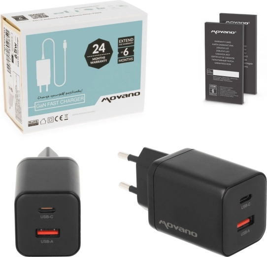 Movano GaN 45 W USB-C PD + USB-A fekete hálózati töltő