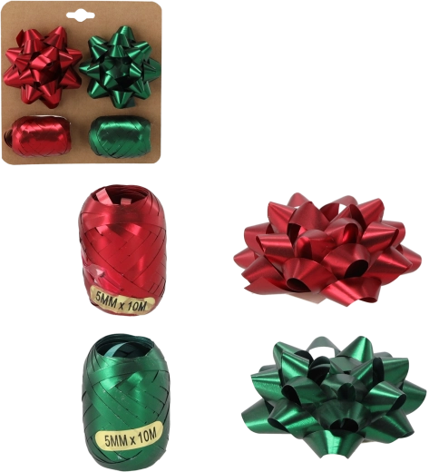 Ajándékcsomagoló készlet – zöld és piros (2 masni + 2 szalag)