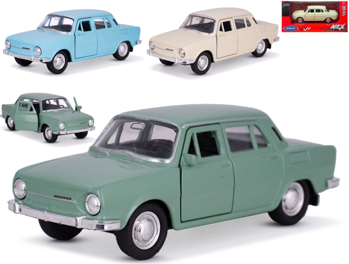 Fém autómodell Škoda 100 Welly 1:34–1:39 visszahúzós mechanikával